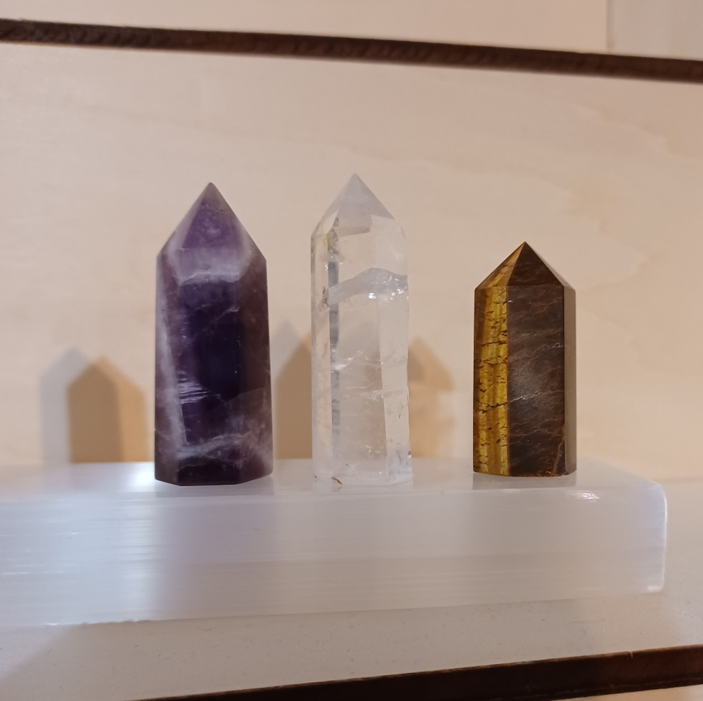 Tigers Eye, Clear Quartz, & Amethyst  w/ Selenite Charging Strip & Cards